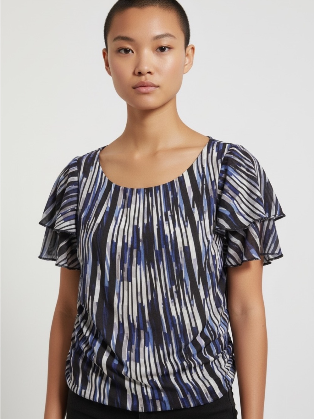 Women's Liz Claiborne Blue & Black Print Ruffle Short Sleeve Blouse Size S